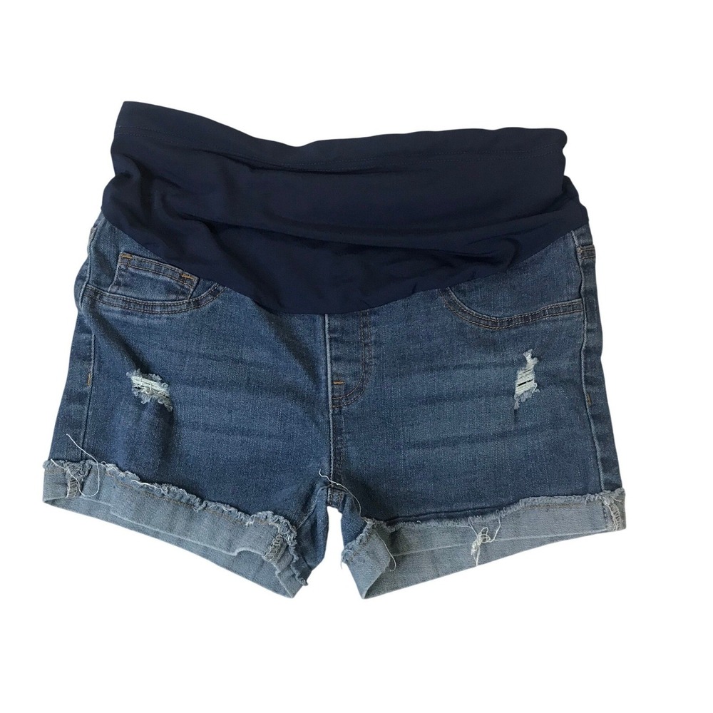 Maternity Shorts Women Size 6 Blue Distressed Over Belly Raw‎ Hem Denim
